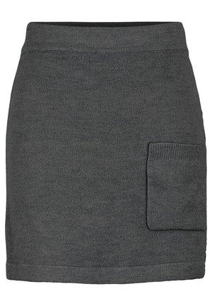 Dark gray knitted mini skirt with a large square pocket on the right front side and a ribbed waistband.