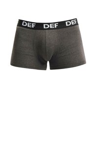 Gray boxer shorts made of soft fabric with a black waistband featuring white lettering "DEF." Designed for comfort and a fitted shape.