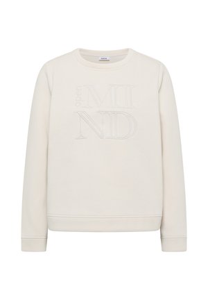 Sudadera de color beige claro hecha de una mezcla de algodón, con un escote redondo y texto bordado "open MIND" en un diseño sutil.