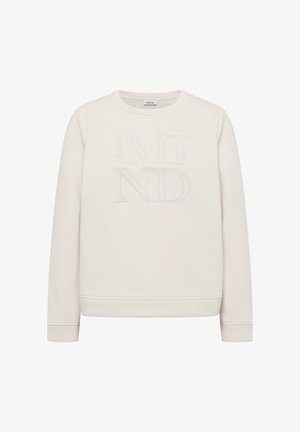 Vaaleabeige sweatshirt, joka on valmistettu puuvillasekoitteesta. Tässä sweatshirteissä on pyöreä kaula-aukko ja brodeerattu "open MIND" -teksti hienovaraisessa muotoilussa.