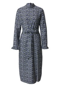 Blumenkleid in Marineblau, mit langen Ärmeln, hohem Kragen, gebundenem Taillengürtel und Rüschensaum. Hergestellt aus einem leichten Stoff mit strukturiertem Muster.