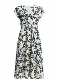 Robe bleu marine avec un motif floral blanc, manches courtes, décolleté en V et une silhouette en A avec une taille cintrée.