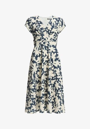 Navyblaues Kleid mit einem weißen Blumenmuster, kurzen Ärmeln, einem V-Ausschnitt und einer A-Linien-Silhouette mit taillierter Taille.