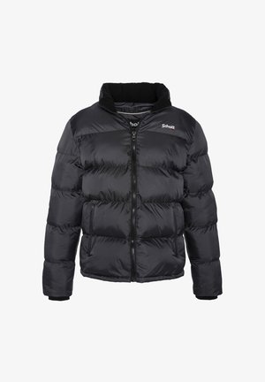 Sort pufferjakke med kviltet design, høj krave og fuld frontlynlås. Lavet af skinnende, letvægtsmateriale med elastiske manschetter.