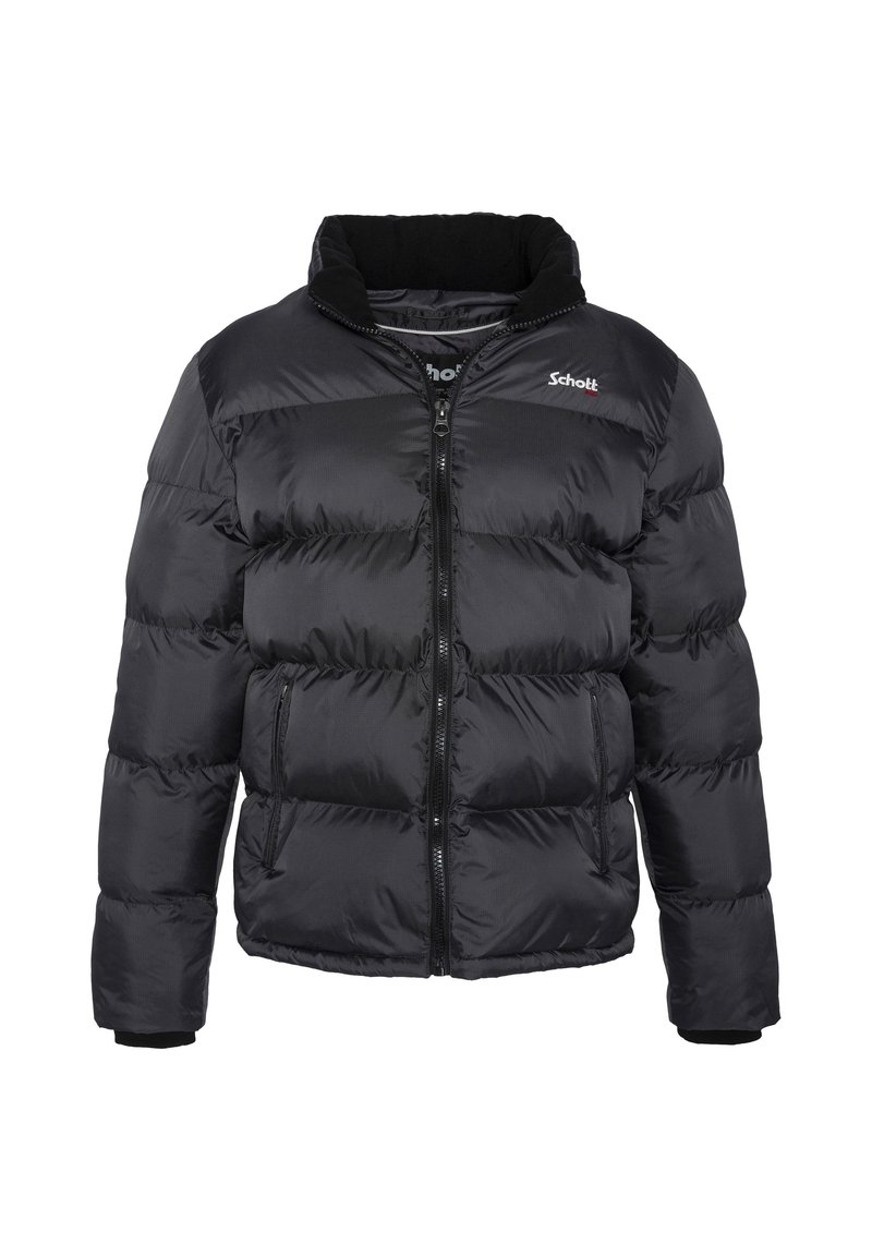Giubbotto nero imbottito con design trapuntato, colletto alto e zip frontale completa. Realizzato in materiale lucido e leggero con polsini elasticizzati.