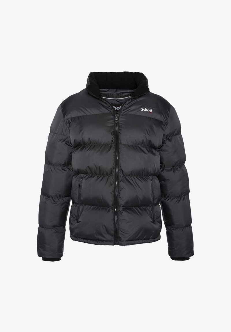 Svart puffjacka med kviltat mönster, hög krage och fullständig framdragkedja. Tillverkad av glänsande, lätt material med elastiska ärmslut.