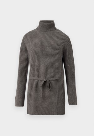 Pulover gri cu guler înalt, cu mâneci lungi și detaliu de talie legat. Realizat dintr-un material moale cu un finisaj texturat.