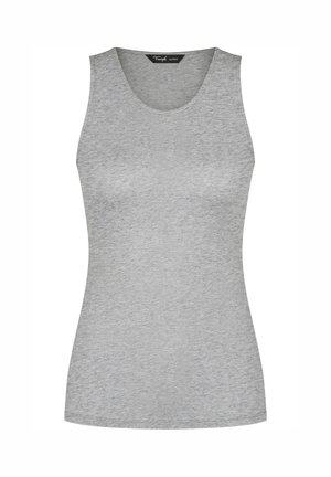 Mouwloze grijze tanktop gemaakt van zachte, gladde stof. Heeft een ronde halslijn en is figuurvolgend. Geen zichtbare patronen of accenten.