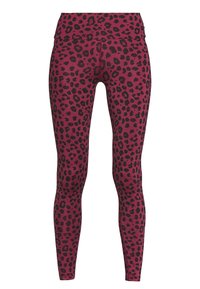 Legíny v malinové barvě s černo-levhartím vzorem. Mají vysoký pas a hladkou, elastickou strukturu.