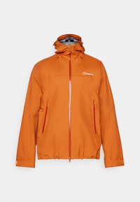 Veste imperméable orange avec un col montant, capuche ajustable, fermeture éclair à l'avant et deux poches latérales zippées. Fabriquée en matériau lisse et léger.