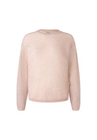 Hellrosa gestrickter Pullover mit langen Ärmeln, rundem Ausschnitt und lässiger Passform; verfügt über ein strukturiertes Muster und gerippte Saumdetails.