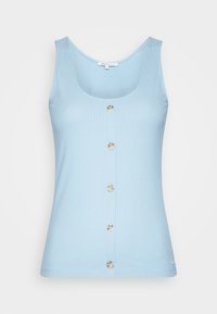 Light blue ribbed tank top with a round neckline, featuring six round buttons down the front. Smooth texture and fitted design.