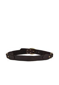 Cintura in pelle marrone con finitura liscia e un accento texture. Presenta una fibbia in ottone e diversi fori di regolazione per la misura.