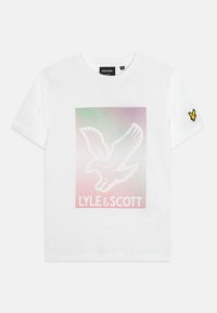 White short-sleeve T-shirt with a pixelated dove graphic in green and red dots and "LYLE & SCOTT" text below, plus a yellow bird logo on sleeve.