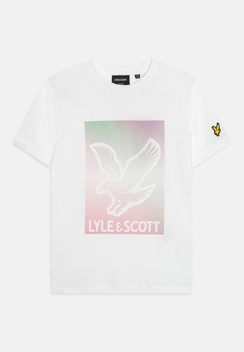 White short-sleeve T-shirt with a pixelated dove graphic in green and red dots and "LYLE & SCOTT" text below, plus a yellow bird logo on sleeve.