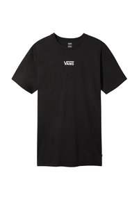 Sort bomulds T-shirt med korte ærmer, rund hals, og kontrastfyldt hvid "VANS" logo på forsiden. Enkel design, almindelig pasform, ingen mønstre.