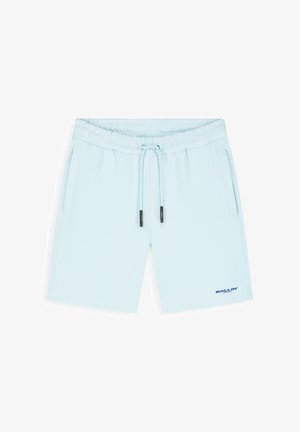 Lichtblauwe short met trekkoord, elastische tailleband, zijzakken en klein donkerblauw "BALLIN"-logo nabij de linker zoom.