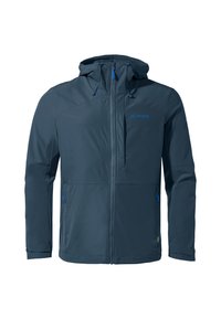 Diepblauwe waterdichte jas met een ritssluiting aan de voorkant, een verstelbare capuchon en contrasterende blauwe hardware. Heeft twee zijzakken en een gladde textuur.