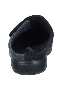 Black slip-on shoe with a felt upper, textured heel, and a rubber sole. Features a fabric loop at the back for easy wear.
