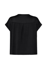 Blouse noire à manches courtes avec un empiècement au dos et un pli creux central, présentée sur un fond blanc uni.