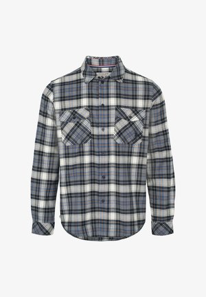 Košeľa na zapínanie na gombíky s dlhým rukávom a kockovaným vzorom v modrej, čiernej, bielej a oranžovej farbe, s dvoma náprsnými vreckami.