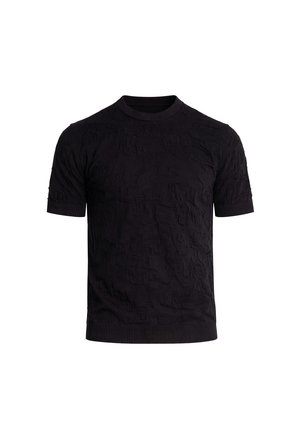 Čierny krátky pletený sveter s jemným textúrovaným vzorom, okrúhlym výstrihom a rebrovanými manžetami a lemom.