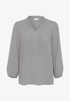 Siva bluzica z V-izrezom in nabranim ovratnikom. Dolgi rokavi z elastičnimi manšetami. Mehak, lahek material z subtilno teksturo.