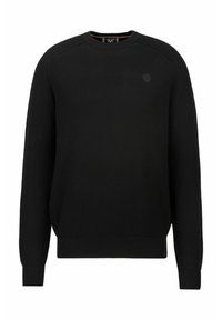 Schwarzer Strickpullover mit Rundhalsausschnitt, langen Ärmeln, gerippten Bündchen und Saum sowie einem kleinen Logo auf der Brust. Strukturiertes Material.