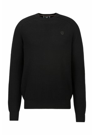 Zwarte gebreide trui met een ronde hals, lange mouwen, geribbelde manchetten en zoom, en een klein logo op de borst. Gestructureerde stof.