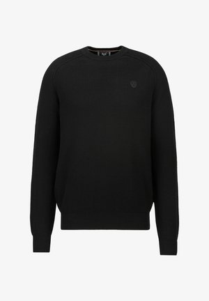 Schwarzer Strickpullover mit Rundhalsausschnitt, langen Ärmeln, gerippten Bündchen und Saum sowie einem kleinen Logo auf der Brust. Strukturiertes Material.