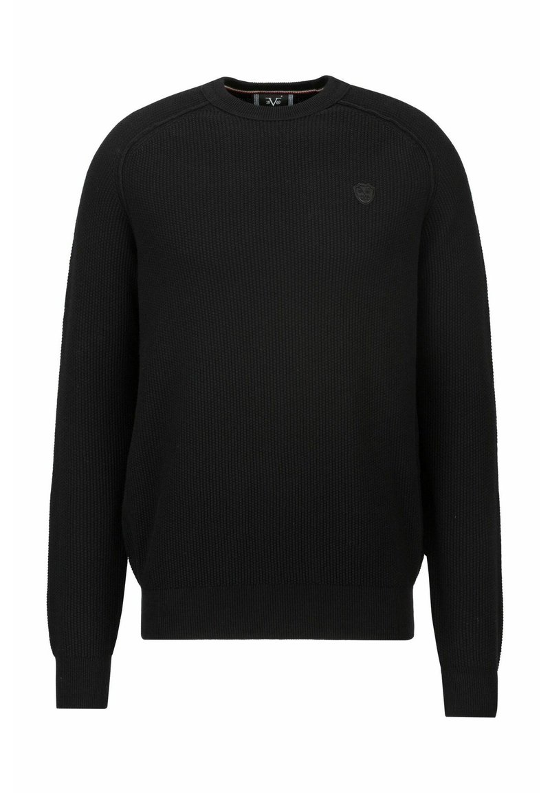 Schwarzer Strickpullover mit Rundhalsausschnitt, langen Ärmeln, gerippten Bündchen und Saum sowie einem kleinen Logo auf der Brust. Strukturiertes Material.