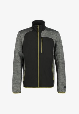 Czarna i szara kurtka softshell z zamkiem z przodu, wysokim kołnierzem oraz kieszenią na zamek na piersi, z zielonymi akcentami i teksturowanymi rękawami.