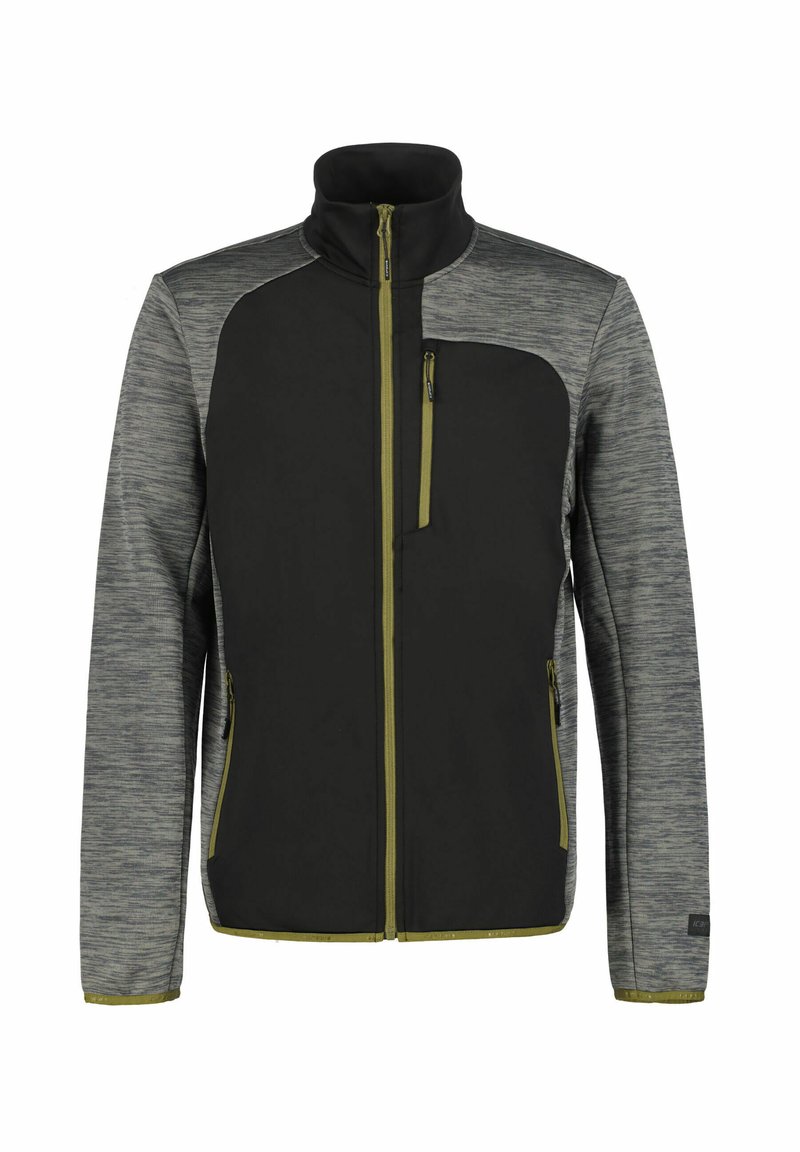 Zwarte en grijze softshell jas met een rits aan de voorkant, hoge kraag en een ritstas op de borst, met groene accentdetails en gestructureerde mouwen.