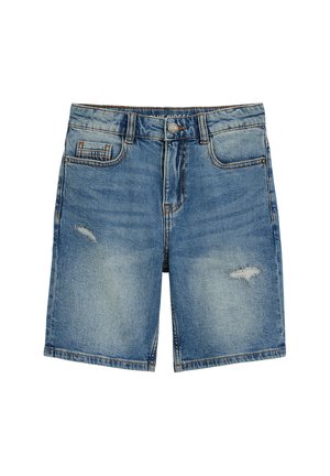 Pantaloni scurți din denim albastru cu nasture și fermoar frontal, două buzunare frontale, un buzunar mic pentru monede, cu mici urme de uzură pe ambele picioare.