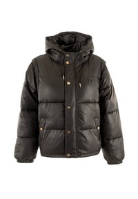 Giubbotto imbottito nero con cappuccio, design trapuntato, bottoni a pressione dorati e tasche laterali. Realizzato in materiale lucido e testurizzato.