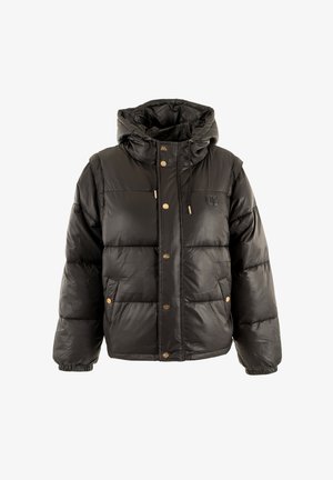 Giubbotto imbottito nero con cappuccio, design trapuntato, bottoni a pressione dorati e tasche laterali. Realizzato in materiale lucido e testurizzato.