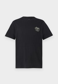 Black cotton t-shirt with short sleeves and a crew neckline. Features a small white graphic text design on the upper left chest area.