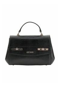 Czarna, teksturowana torebka o konstrukcyjnym kształcie, z imitacją skóry krokodyla, górnym uchwytem i srebrnymi elementami ozdobnymi. Złote logo z przodu.