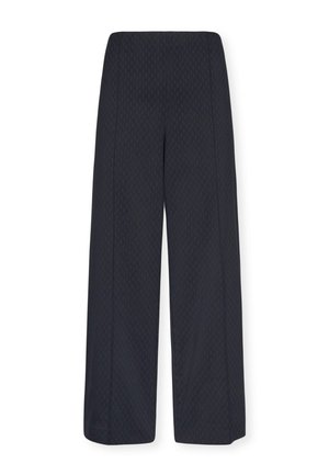 Pantaloni palazzo in tessuto blu scuro, con un sottile motivo testurizzato, vita piatta e senza chiusure o tasche visibili.