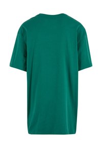 Green cotton t-shirt, short sleeves, relaxed fit, crew neckline, smooth texture, no visible patterns or accents on the back.