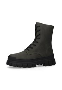 Schnürstiefeletten aus dunkelgrünem Leder mit dicker schwarzer Gummisohle und strukturierten Akzenten. Mit Naht entlang der Seiten.