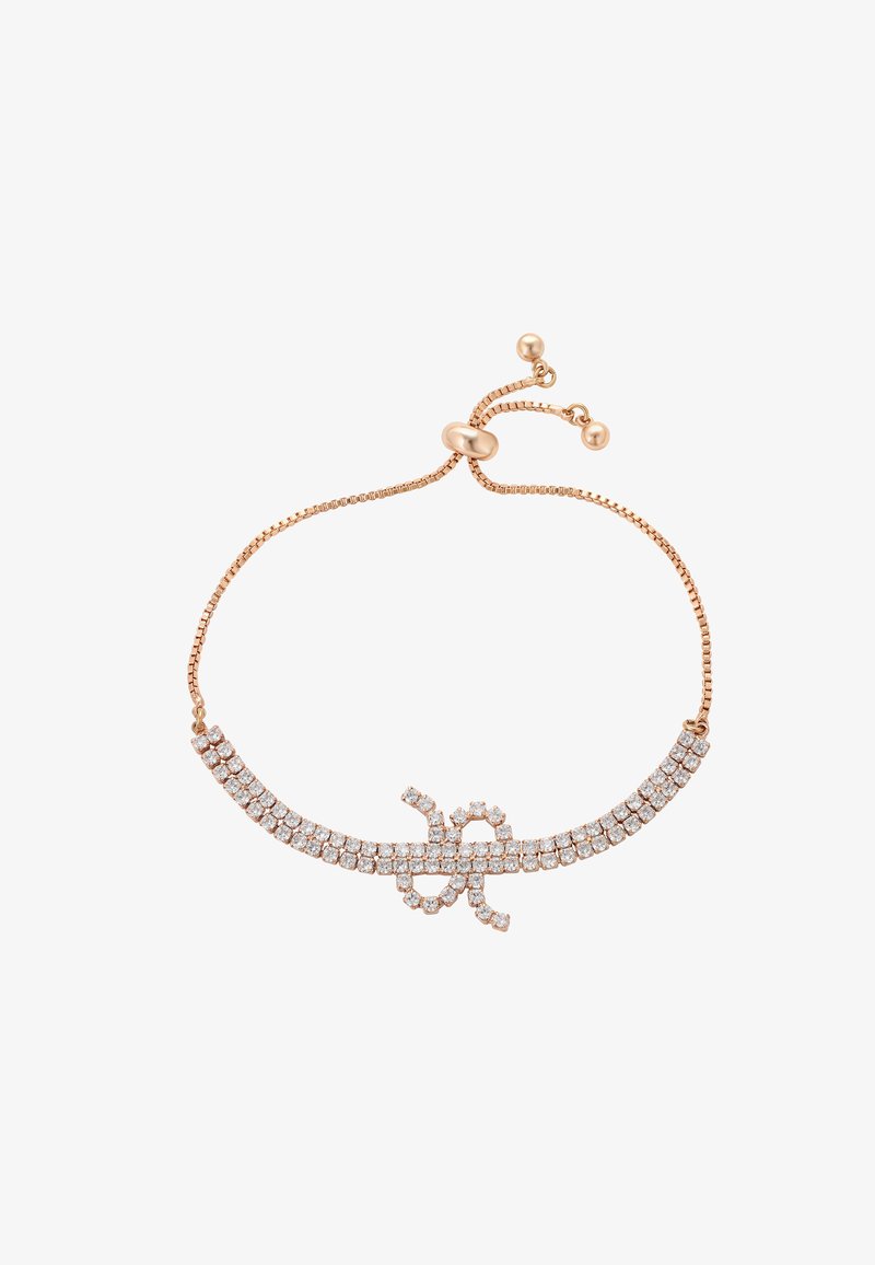 Rózsa arany karkötő, amely finom kialakítással rendelkezik, íves rúddal, melyet tiszta kristályok díszítenek és egy bonyolult masni díszíti. Állítható zár.