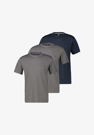 Drie effen T-shirts met korte mouwen en een ronde hals in grijs, lichtgrijs en marineblauw, overlappend in een rij weergegeven.