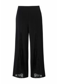 Schwarzweite Hosen mit Spitzeinsatz an den Seiten. Glattes Material, taillierter Bund und fließende Silhouette. Elegante Designdetails.