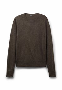 Brązowy sweter z fakturowanej tkaniny, z okrągłym dekoltem i długimi rękawami, z dopasowanym wykończeniem na dole i przy mankietach.