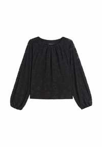Svart långärmad blus med rund halsringning, prydd med ett texturerat blommönster och samlad detaljering fram och vid ärmarna.
