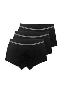Set di tre boxer neri in cotone, con una cintura elastica grigia piatta e una texture liscia e morbida. Ogni paio presenta una tasca frontale.