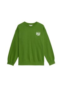 Felpa verde in morbido tessuto con scollo rotondo, maniche lunghe e una grafica frontale che riporta la scritta "nyc 1984."