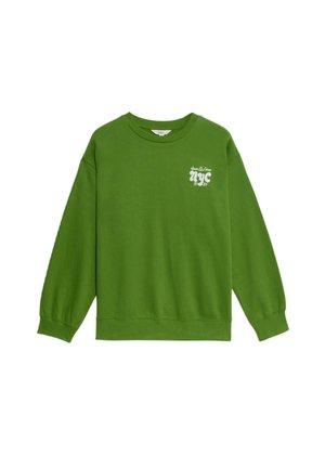 Sweatshirt vert en tissu doux avec un col rond, des manches longues et un graphique sur le devant portant l'inscription "nyc 1984".