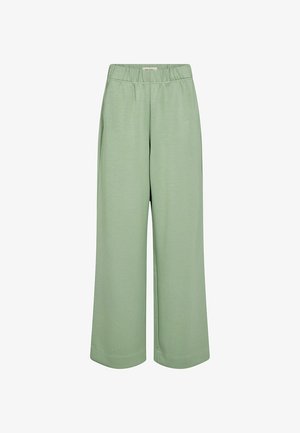 Pantalon vert clair à jambes larges avec taille élastique et ourlets droits, présenté sur un fond blanc.